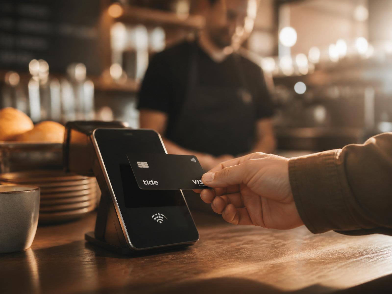 Person tapping a Nitro card on a contactless terminal at a coffee shop