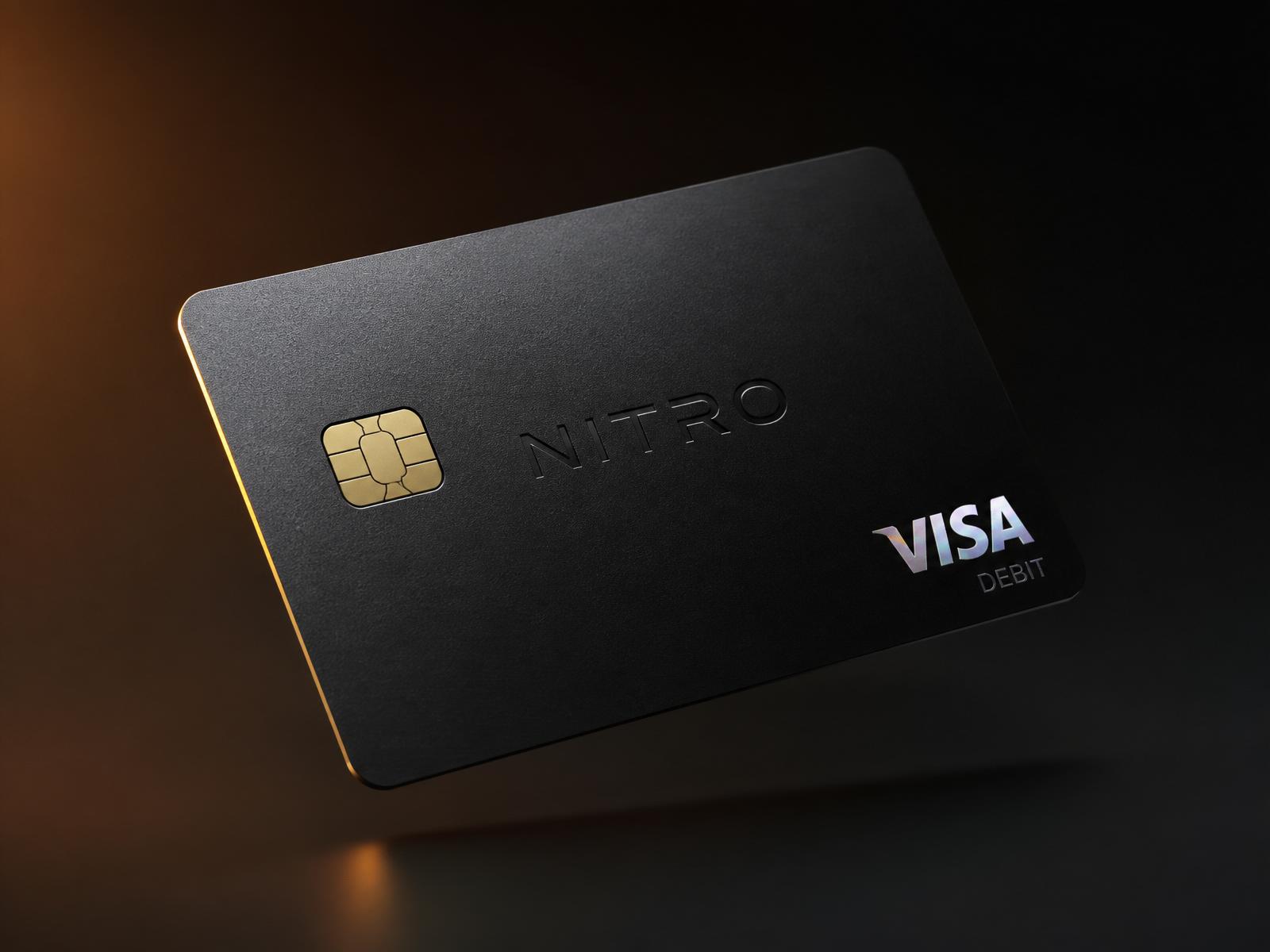 Matte black Nitro Visa debit card with brushed gold chip