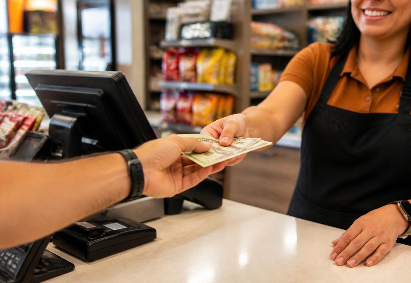 Cashier hands cash back across a convenience store counter — a Nitro cash-load location.