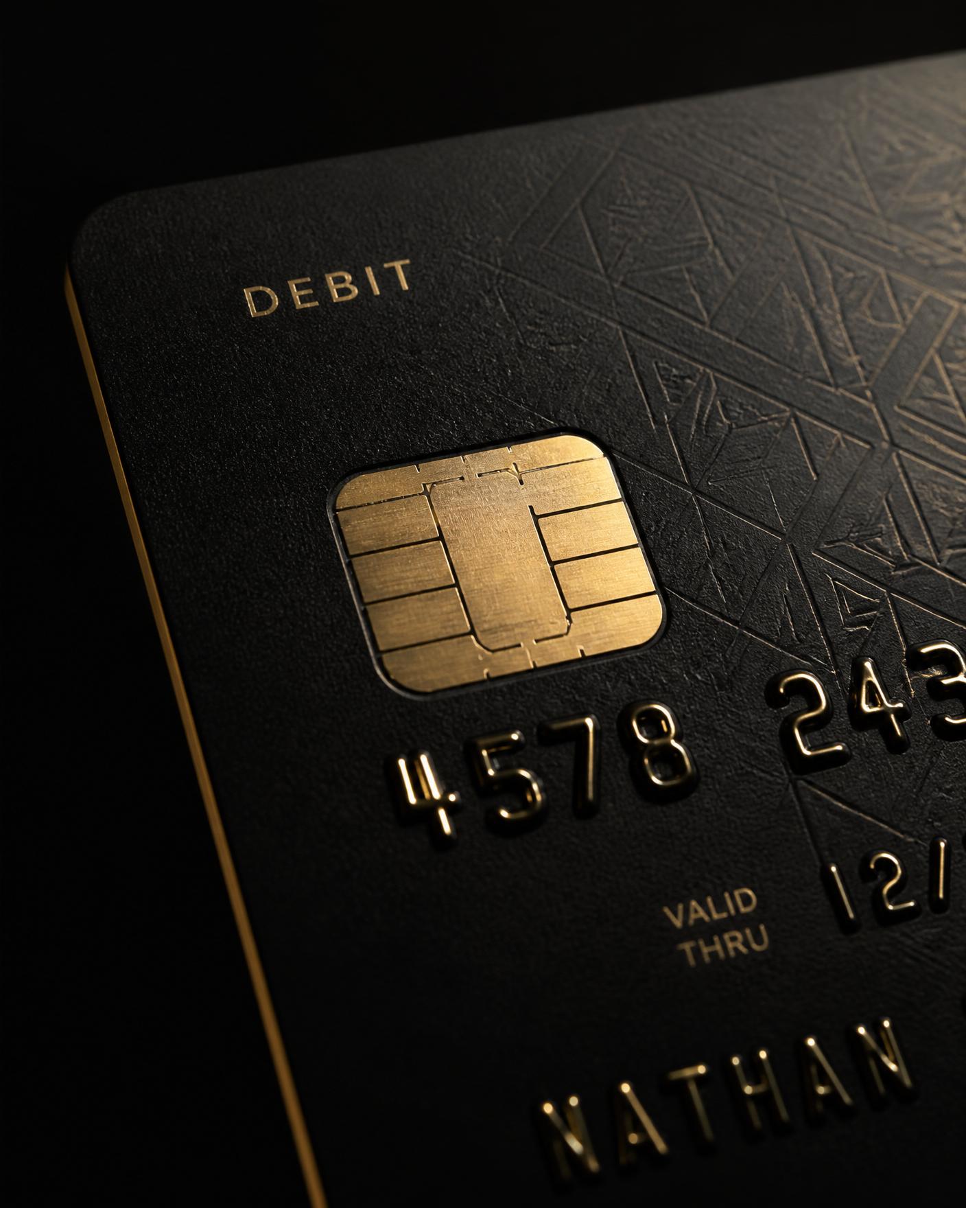 Macro detail of brushed gold chip on Nitro metal card