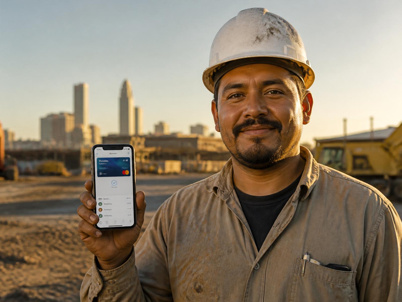 A construction worker in Houston smiles while holding his phone showing the Nitro Wallet app.